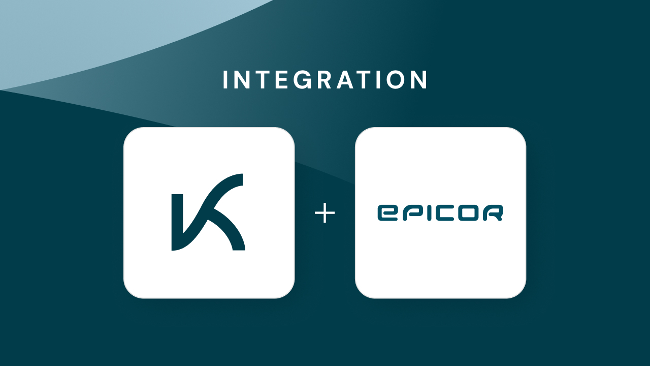 Graphic showing integration between Kognitos and Epicor. The image features two logos—Kognitos on the left and Epicor on the right—separated by a plus sign, with the word "INTEGRATION" above them on a dark teal background.