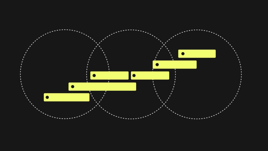 Abstract minimalist diagram: staggered yellow rectangles step upward across three overlapping white dashed circles on a dark background, representing cross-system AI automation and the operational factory