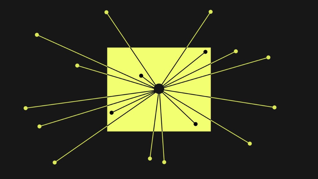 Abstract hub-and-spoke network: central black dot on a yellow square with radiating lines to yellow and black nodes on a dark charcoal background, representing centralized enterprise AI orchestration